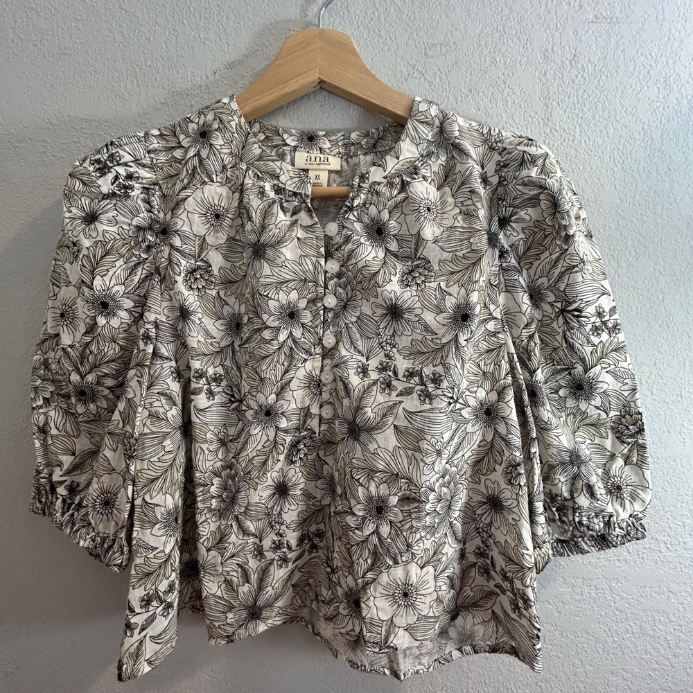 ana a new approach Womens XS Retro Floral Puff Sleeve Button Top NEW $37